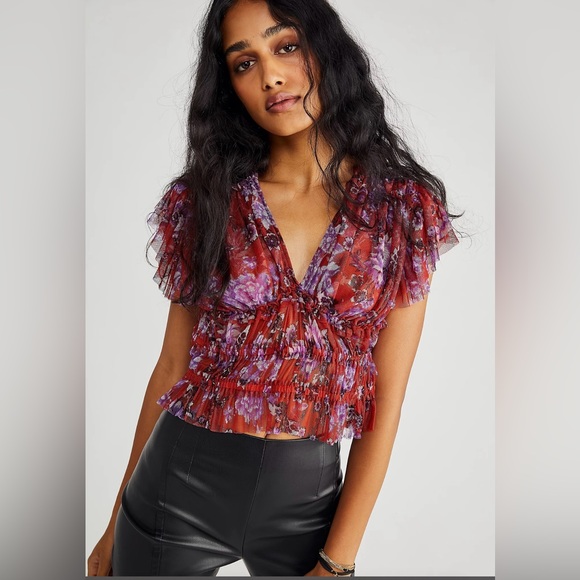 Free People Tops - Free People Making Me Smile Red & Purple Mesh Floral Ruffle Crop Top- Size Small